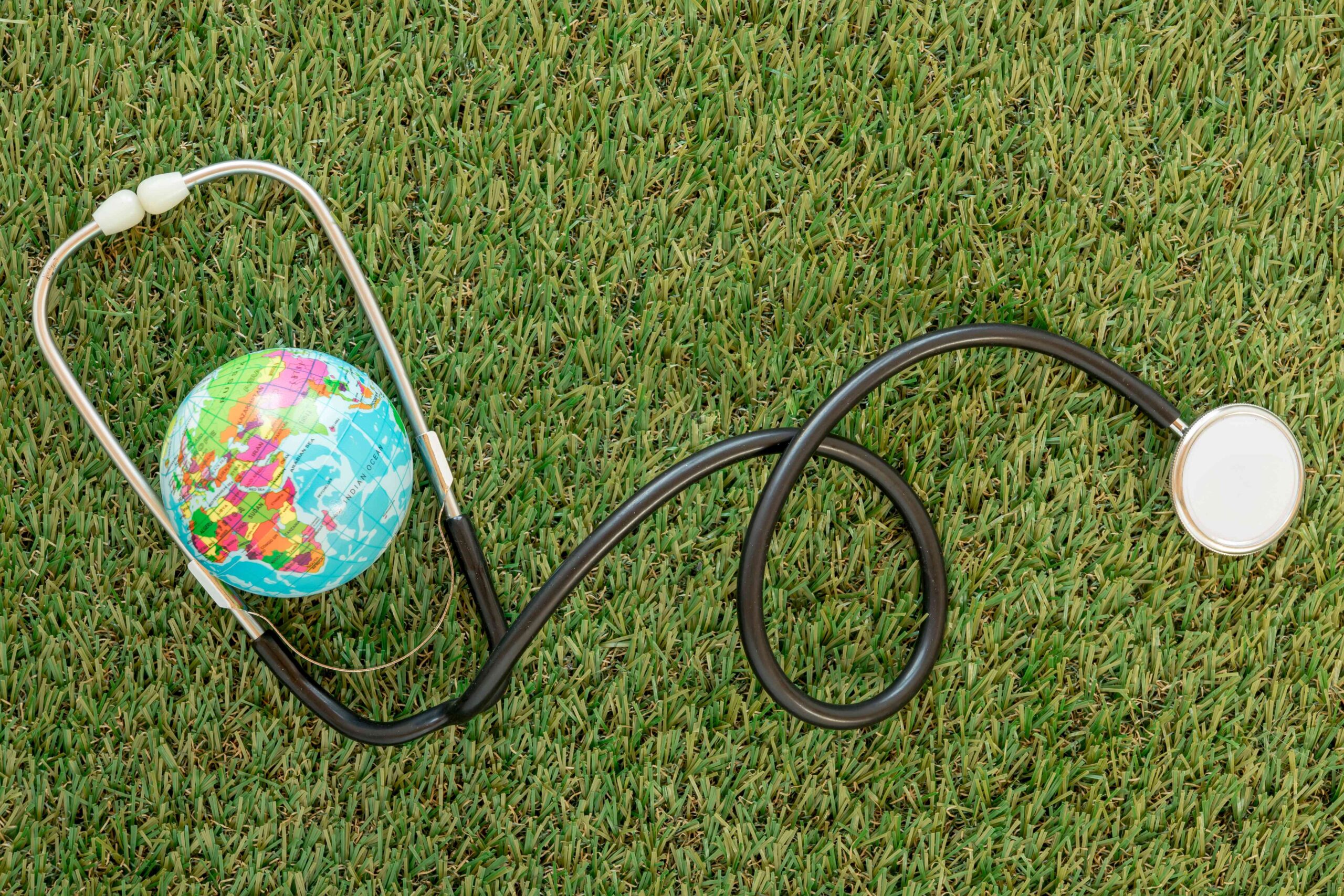 Top view globe with-stethoscope grass